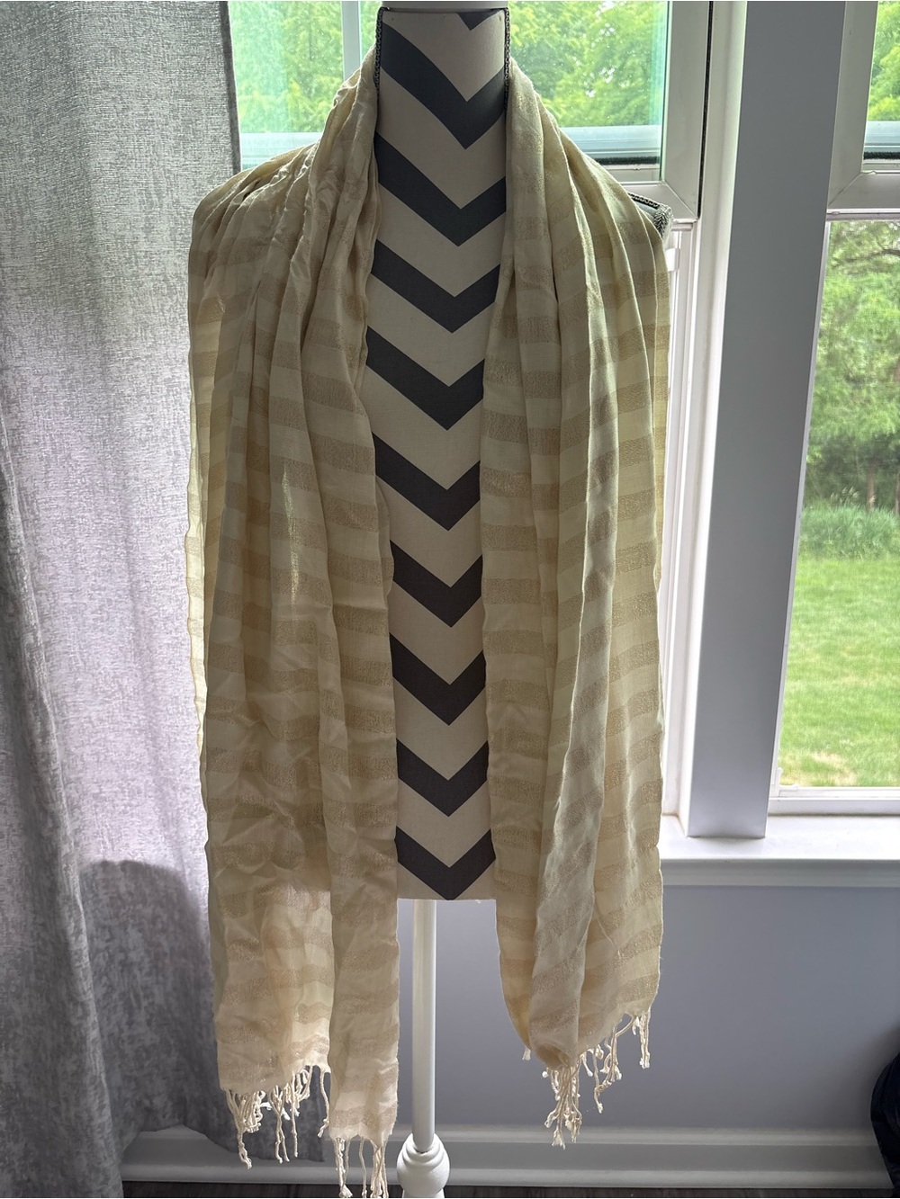 Express Cream Striped Lightweight Fringe Scarf Wrap